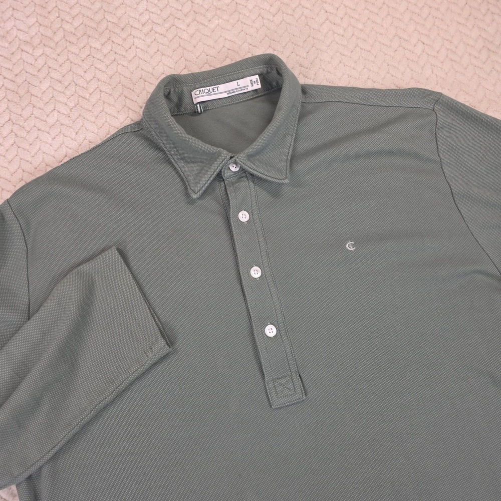 Criquet Mens Long Sleeve Polo Shirt Sage Green Pique Knit Size L